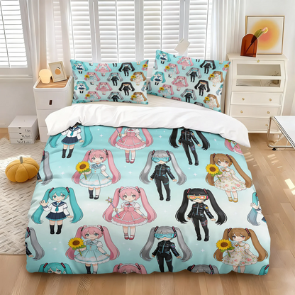 Hatsune Miku Chibi Style Duvet Cover Set Cute Anime Bedding with Pillowcases Gaming Room Teens Kids Bedroom Decor Gift for fans