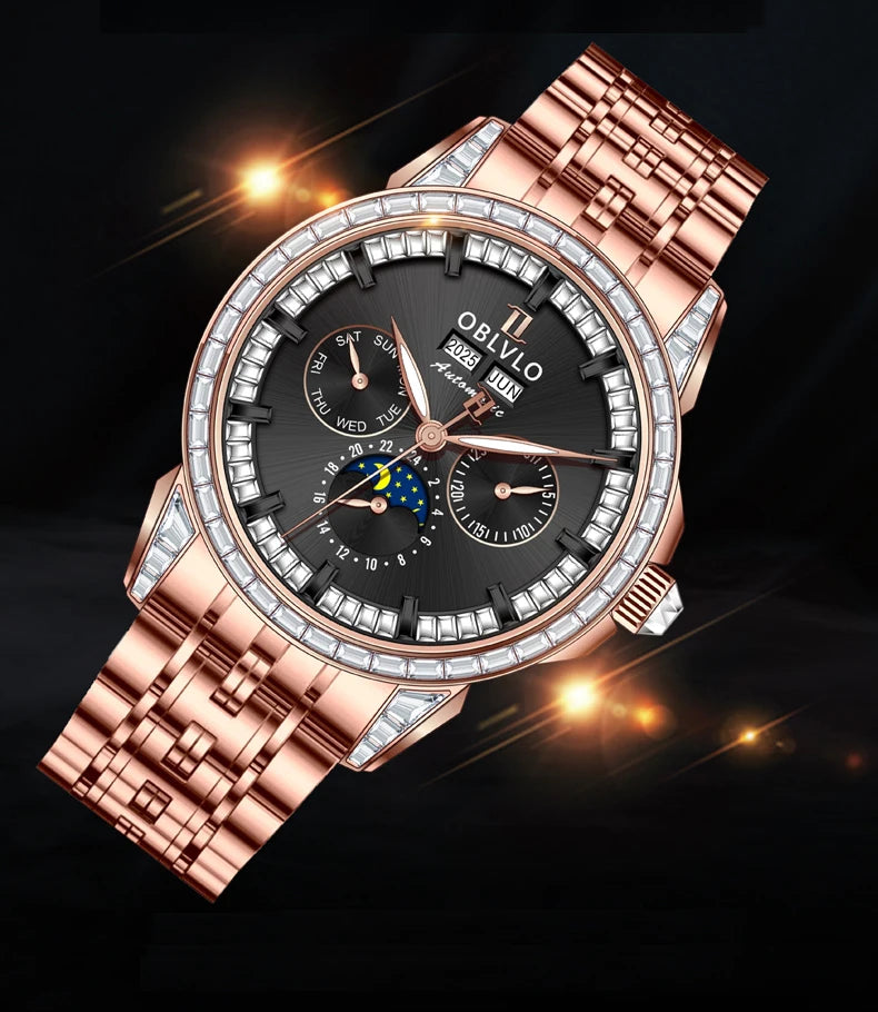 OBLVLO Men Automatic Watch 40mm Mechanical Wristwatch 5ATM Luminous Crystal Bezel Year,Month,Week,Date,24 Hours TY1655 Mov.