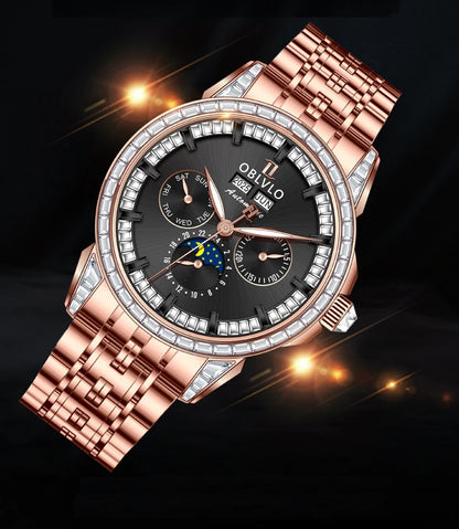 OBLVLO Men Automatic Watch 40mm Mechanical Wristwatch 5ATM Luminous Crystal Bezel Year,Month,Week,Date,24 Hours TY1655 Mov.