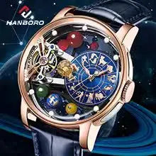 Mechanische Herrenuhr HANBORO – Automatikwerk, Wecker, Stundenschlag, wasserdicht bis 100 m, Saphirglas, Edelstahlgehäuse, elegantes und einzigartiges Design.