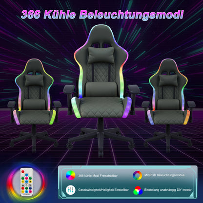 Gaming Chair,Ergonomic Gaming Chair with LED,Adjustable Computer Chair for Teenagers,Lumbar Cushion,Gamer Chair,Black