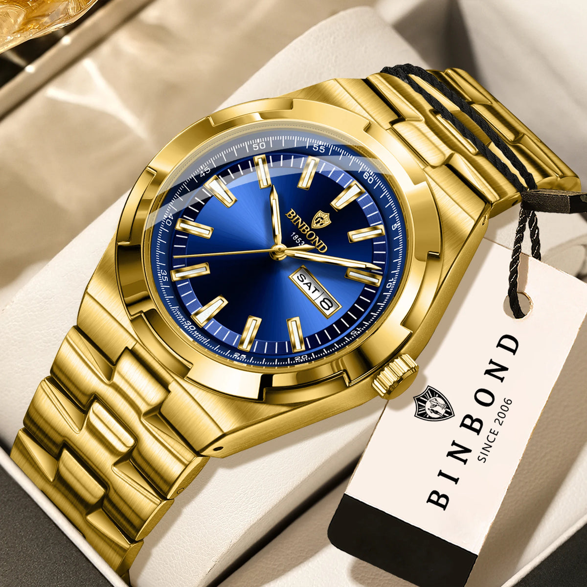 Montres à quartz BINBOND en acier inoxydable pour hommes – Montre de luxe, étanche et luminescente – Modèle original pour homme