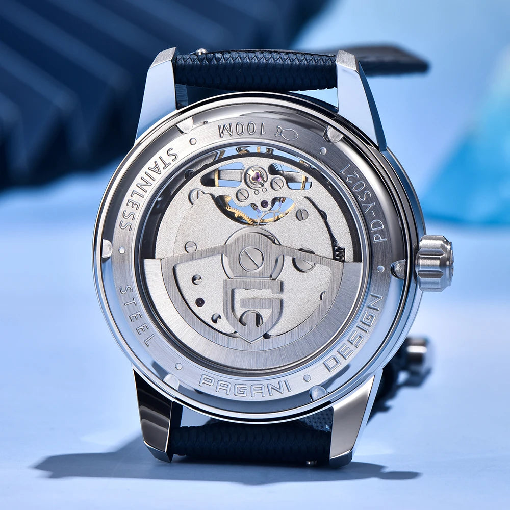 PAGANI DESIGN – Mekanisk lyxklocka för män, 41 mm, safirglas, läderarmband, vattentät, pilotstil, med tourbillon och månfas