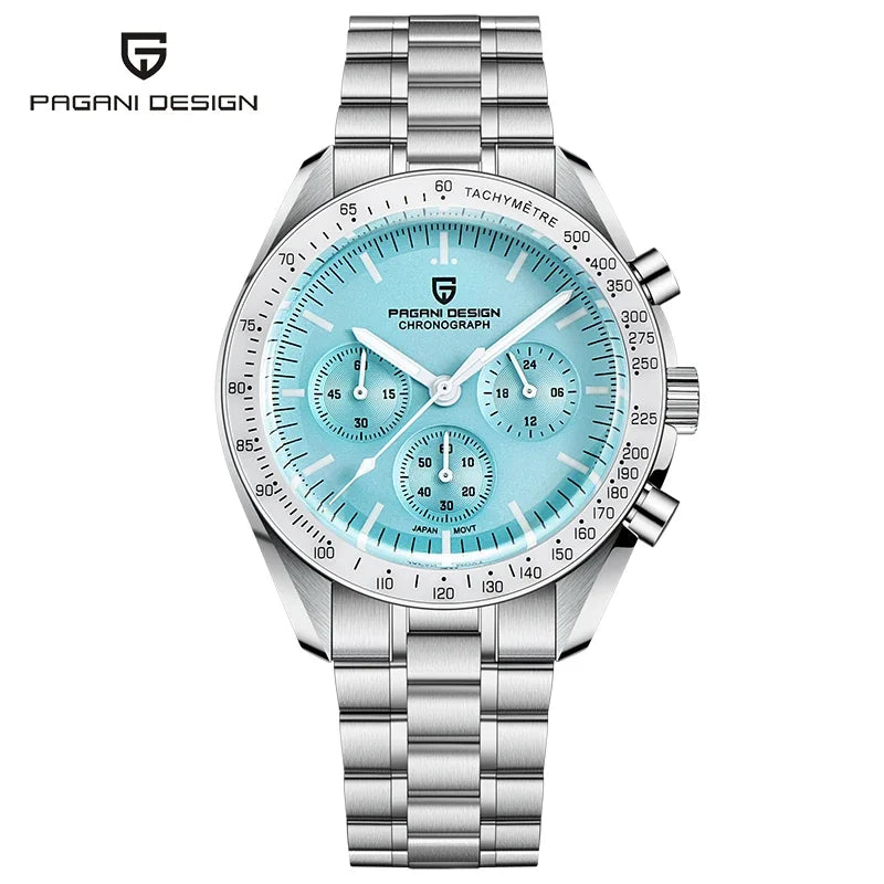 Reloj para hombre PAGANI DESIGN «New Moon» – Reloj de cuarzo de lujo, cronógrafo, cristal de zafiro con tratamiento antirreflectante, bisel de cerámica, agujas luminiscentes