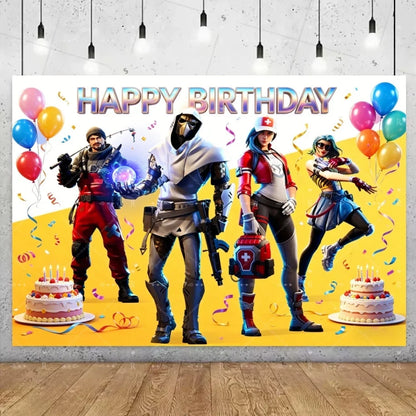 Fundo decorativo de aniversário com tema Fortnite — banner gamer Fortnite para meninos e meninas, pano de fundo para fotografia e presente para crianças