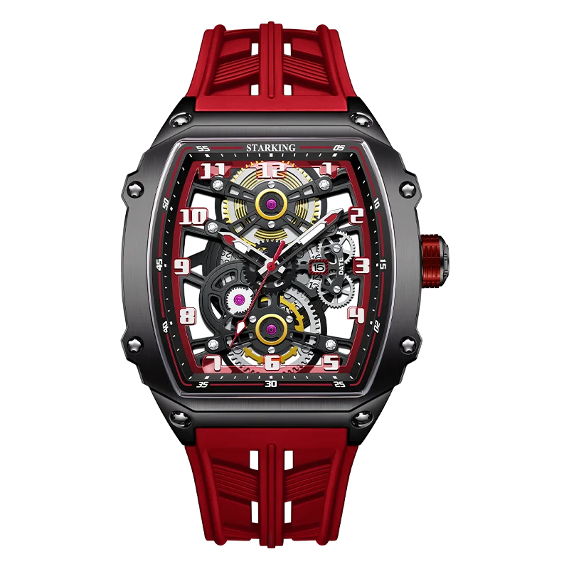 STARKING Luxury Men’s Automatic Mechanical Watch Skeleton Dial Silicone Band Tonneau Design Waterproof Luminous Sport Wristwatch