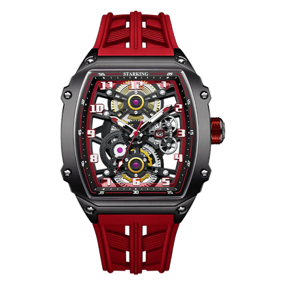STARKING Luxury Men’s Automatic Mechanical Watch Skeleton Dial Silicone Band Tonneau Design Waterproof Luminous Sport Wristwatch
