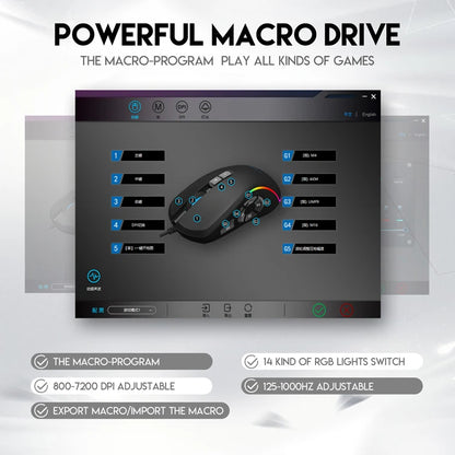 Mouse cablato da gaming e ufficio 7200 DPI con retroilluminazione RGB, 6 livelli DPI regolabili, 10 pulsanti programmabili e pulsante per tornare al desktop