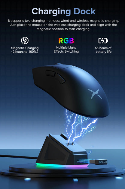 Delux M900Pro Ergonomic Wireless Gaming Mouse 8K PAW3395 Magnetic RGB Charging Dock Rechargeable Wired Mice for Big Hand PC