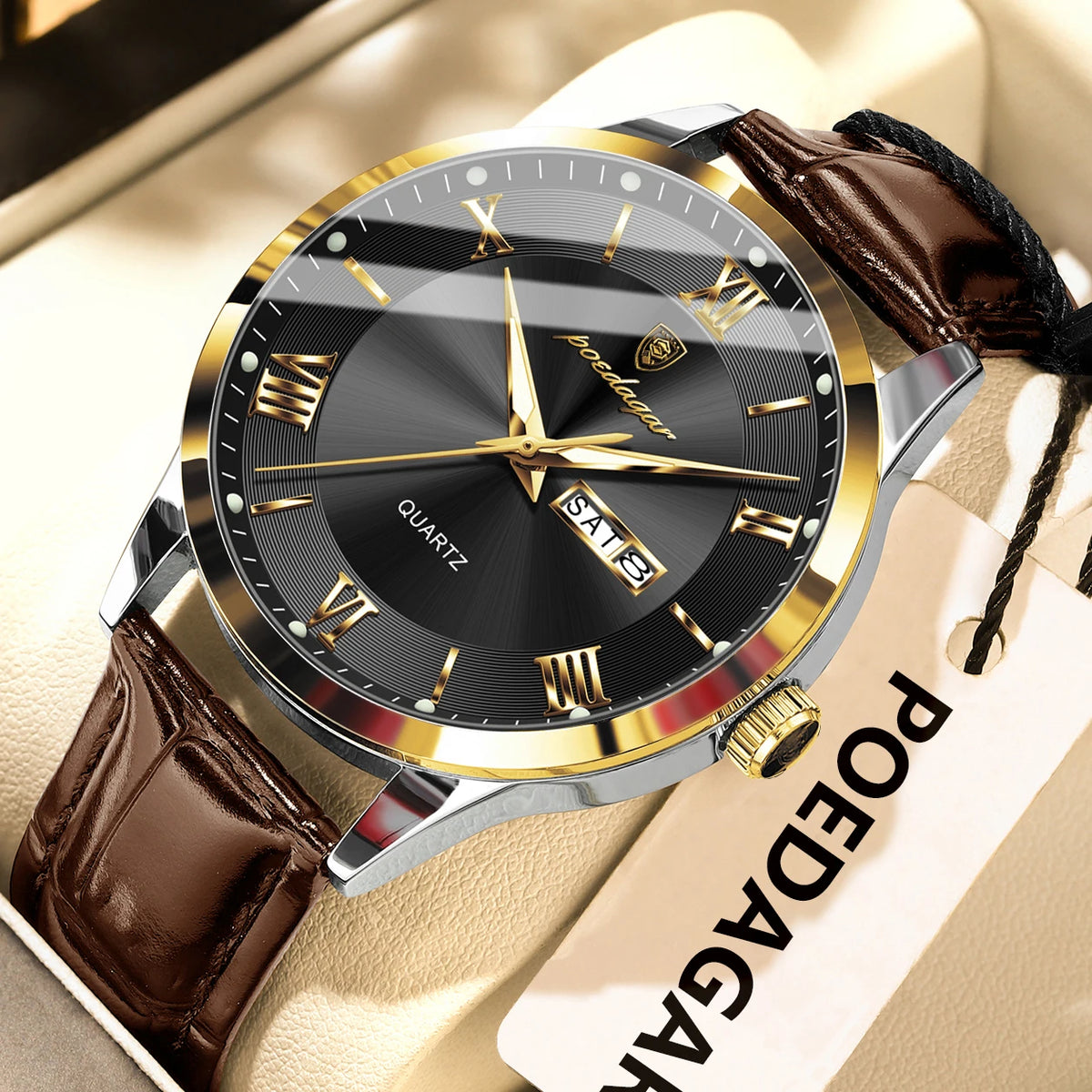 Montre homme tendance POEDAGAR, bracelet en cuir, date et semaine, montre à quartz de luxe, étanche, lumineuse, style business décontracté.