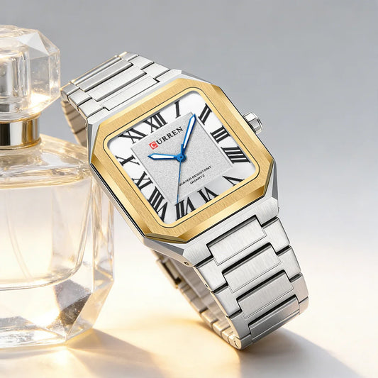 CURREN Vintage Square Design Dial with Roman Numeral Classic Business Dress Quartz Watch for Men with Luminous Hands 8482