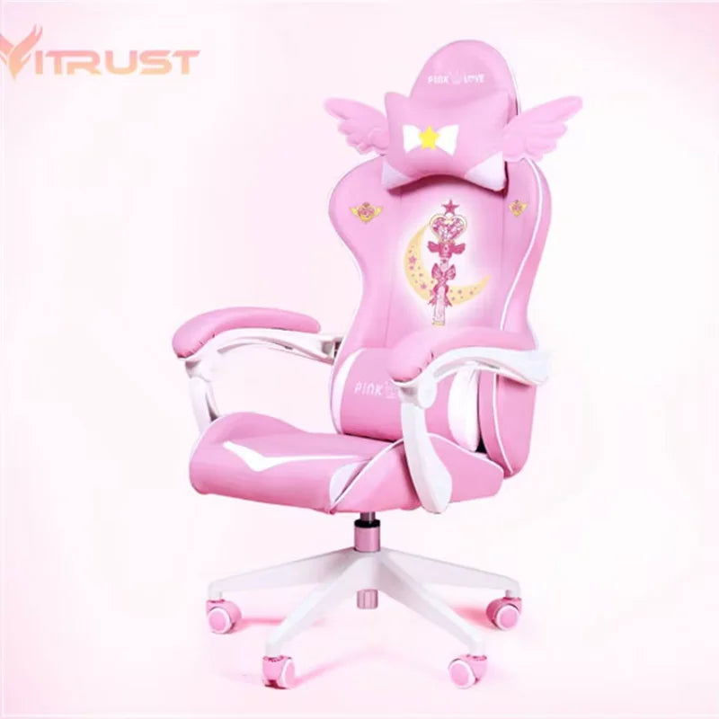 Pink Gaming Chair for Girls, Cute Comfortable Gaming Chair with Armrests, Swivel Height Adjustable Gamer Chair for Bedroom, Office & Streaming