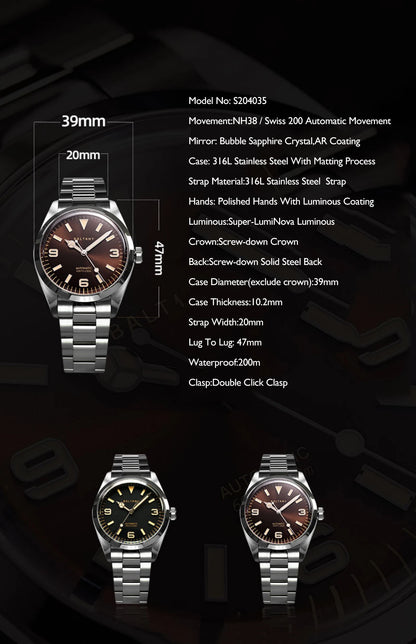 Baltany Men Automatic Watch 39MM Mechaical Wristwatch Bubble Sapphire 20ATM Waterproof C3 Luminous NH38 / SW200