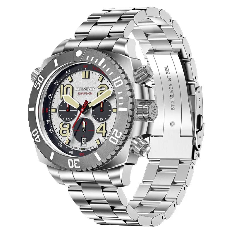 FeelNever Sport Automatic Movement Quartz Watch Stainless Steel Sapphire Crystal Watches for Men 500M Waterproof Clocks Watch for Men