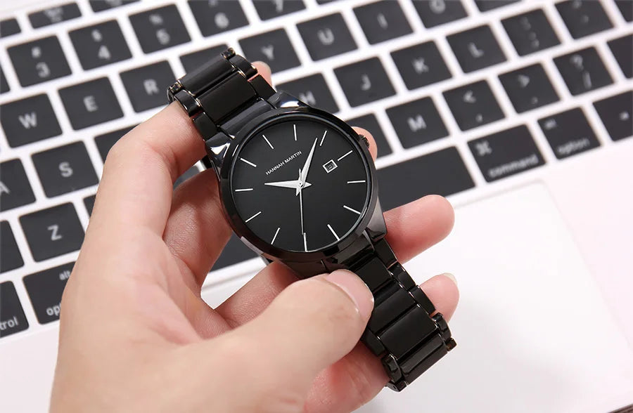 Reloj para hombre Hannah Martin, caja de acero inoxidable, mecanismo de cuarzo, esfera de 41 mm, estilo profesional, con indicador de calendario (imitación)