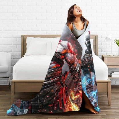 God of War Games Kratos Cartoon Flannel Blanket  Super Soft Throw Blanket for Couch Bed Travel Street Trend Bedspread Sofa Bed