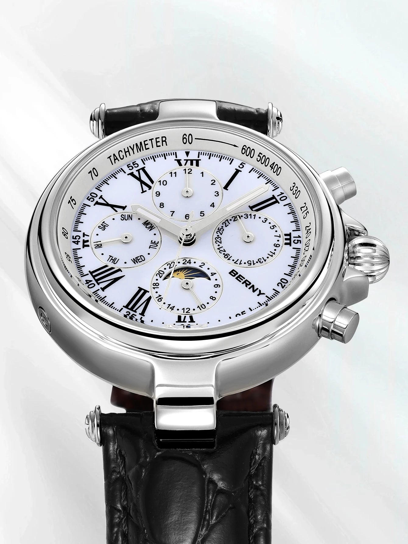 BERNY Classic Dress Automatic Watch for Men Luxury Stainless Steel Mechanical Wristwatch Leather Strap Waterproof Sliver Watches