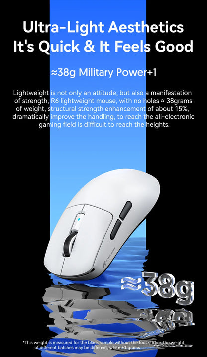 Mouse gaming Attack Shark R6 ultra leggero 38g, wireless PAW3950 con frequenza di polling 8K, Nordic 52840, 24000DPI, tri-mode