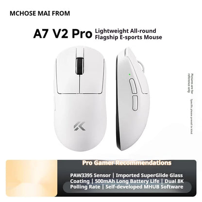 Rato sem fios MCHOSE A7 V2 Ultra+ Tri-Mode leve Paw3950 Ti 42000dpi 500mah para PC, eSports e portátil — acessórios gaming