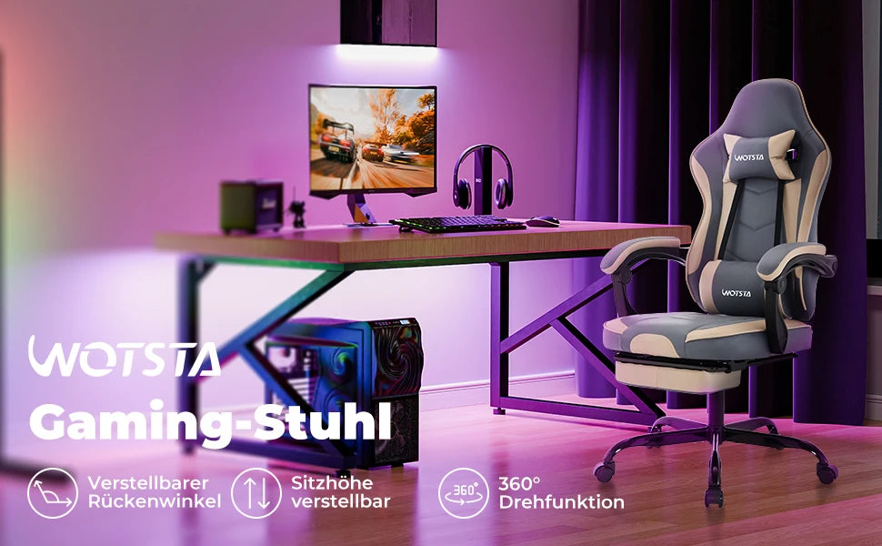 WOTSTA Gaming Chair Ergonomic Gamer Chair with Footrest, Adjustable Lumbar Support, Headrest, Reclining Computer Chair for Office & Gaming