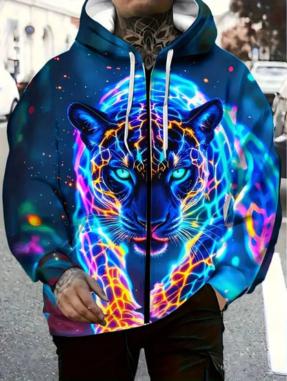 Sweatshirt com capuz e fecho para homem 2025, manga comprida, gráfico de tigre, estilo casual outdoor, com cordão e bolsos