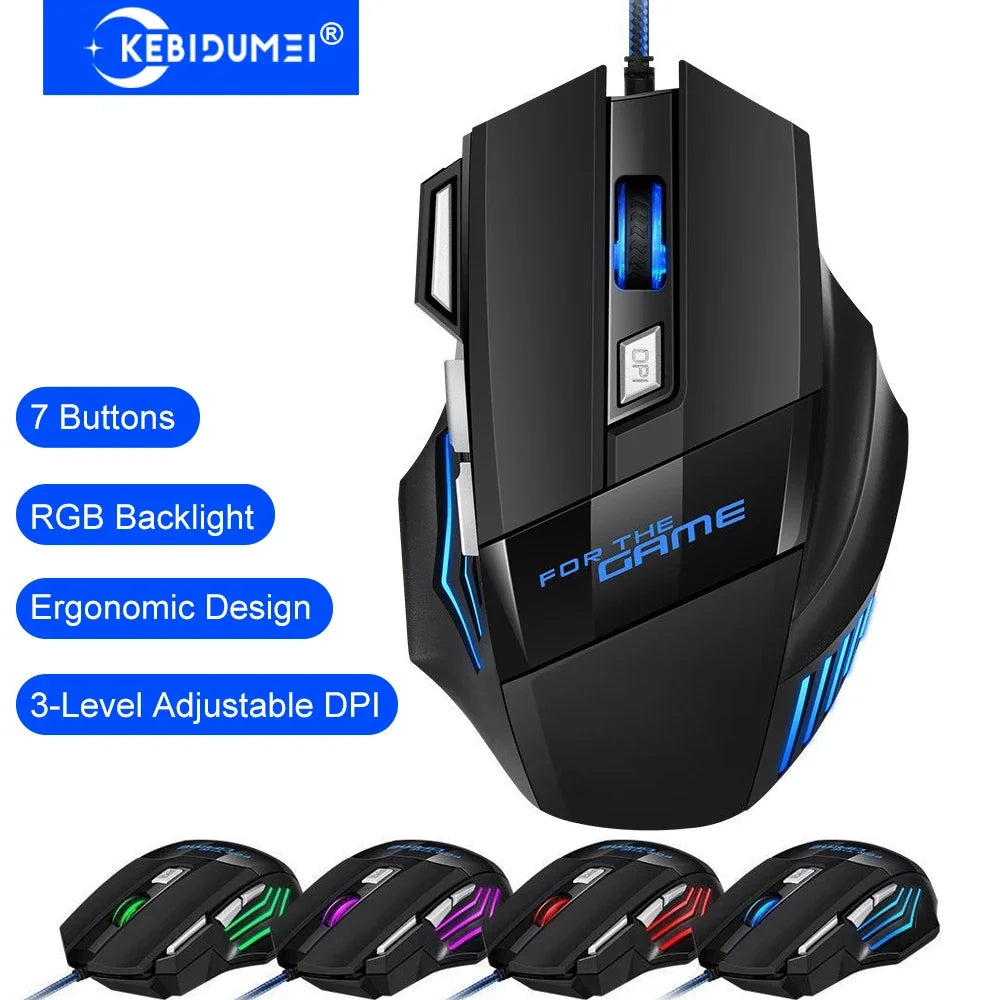 KEBIDUMEI кабелна геймърска мишка със 7 бутона, RGB подсветка, ергономична USB мишка, 2400 DPI, 3 нива на DPI за PC, лаптоп, Windows и Mac OS