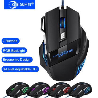 KEBIDUMEI кабелна геймърска мишка със 7 бутона, RGB подсветка, ергономична USB мишка, 2400 DPI, 3 нива на DPI за PC, лаптоп, Windows и Mac OS