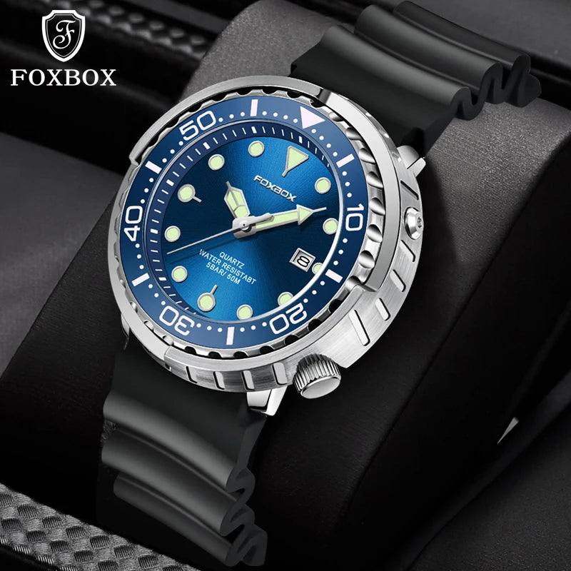 FOXBOX  Top Brand Fashion Diver Watch Men 50ATM Waterproof Date Clock Sport Watches Mens Quartz Wristwatch Relogio Masculino