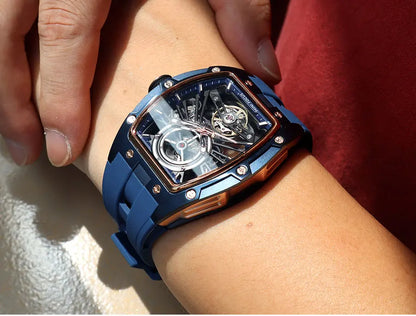 MINI FOCUS Men's Wristwatch Fashion Black Waterproof Automatic Mechanical Watch with Luminous Hands Silicone Strap Tonneau Dial
