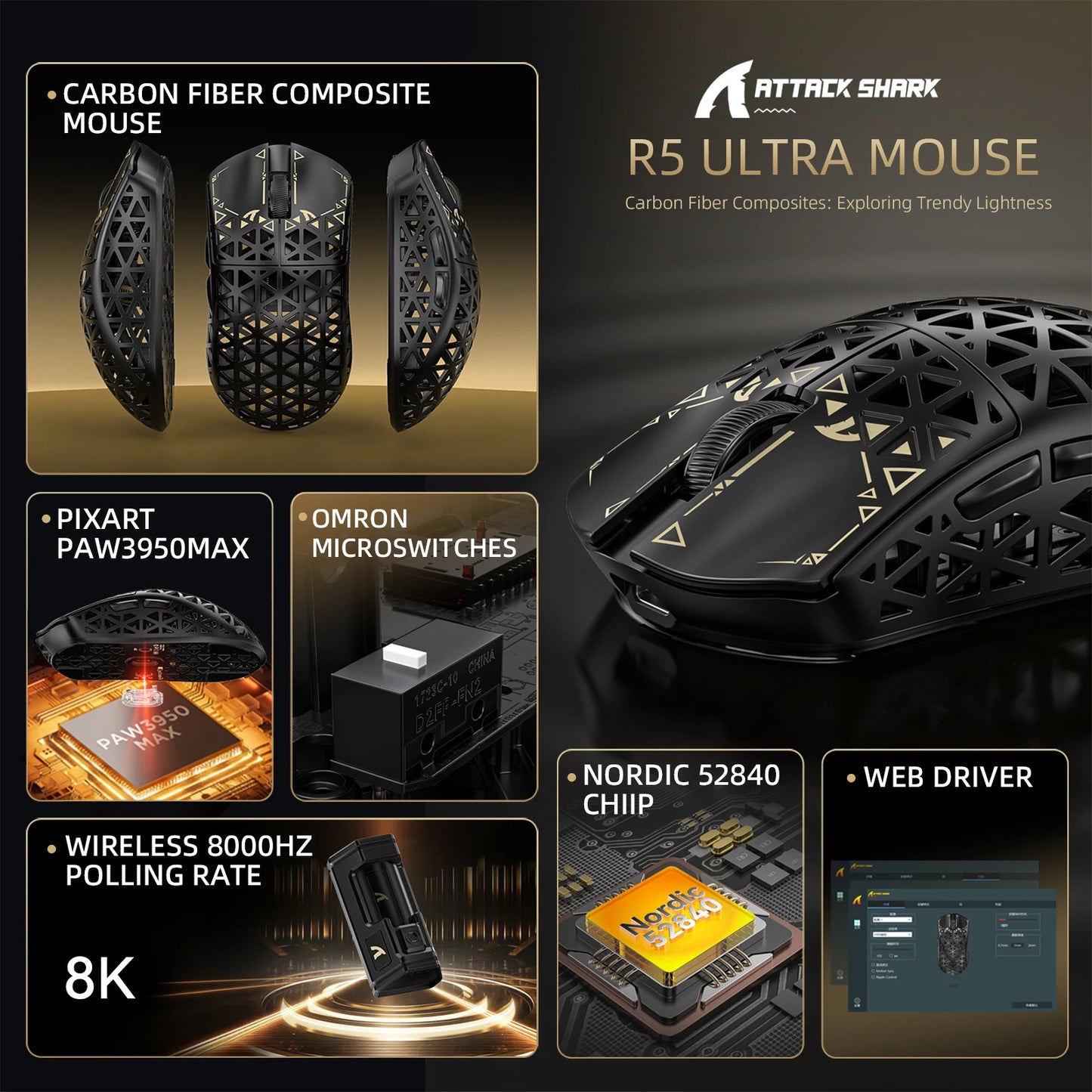 Rato Gaming Sem Fios ATTACK SHARK R5 Ultra Carbon Fiber, Sensor Gaming PixArt PAW3950MAX, 42000DPI, 8000Hz, MCU Nordic 52840