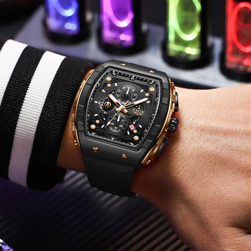 Relógio de Homem LIGE — Moda de Luxo, Impermeável, Bracelete em Silicone, Quartzo, Luminoso, Desportivo, Data Automática e Cronógrafo Simples