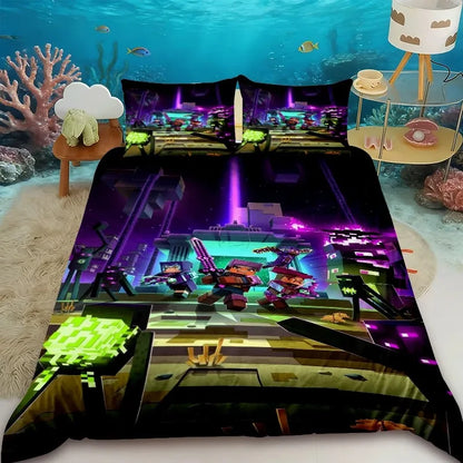 Capa de edredão infantil Cartoon Minecraft, conjunto de cama com capa de edredão, tamanho Queen, King e Full, com 1/2 fronha para quarto