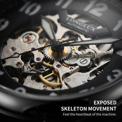 LONGLUX men automatic watch vintage pilot tough guy mechanical watches skeleton waterproof luminous leather gift