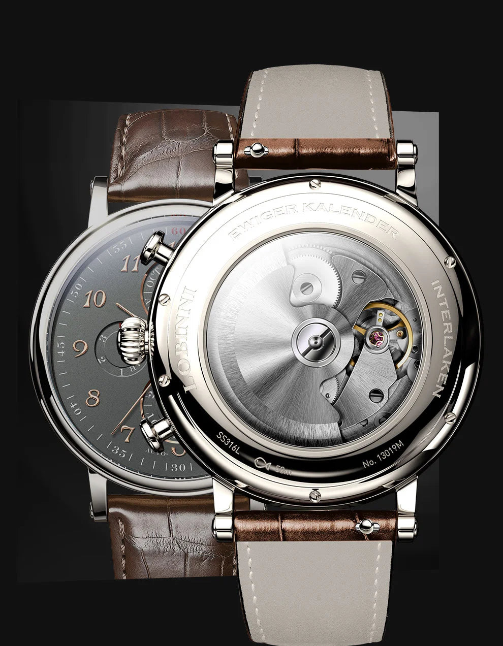 Reloj de lujo suizo LOBINNI para hombre, mecánico automático con calendario perpetuo, cristal de zafiro y multifunción L13019-8