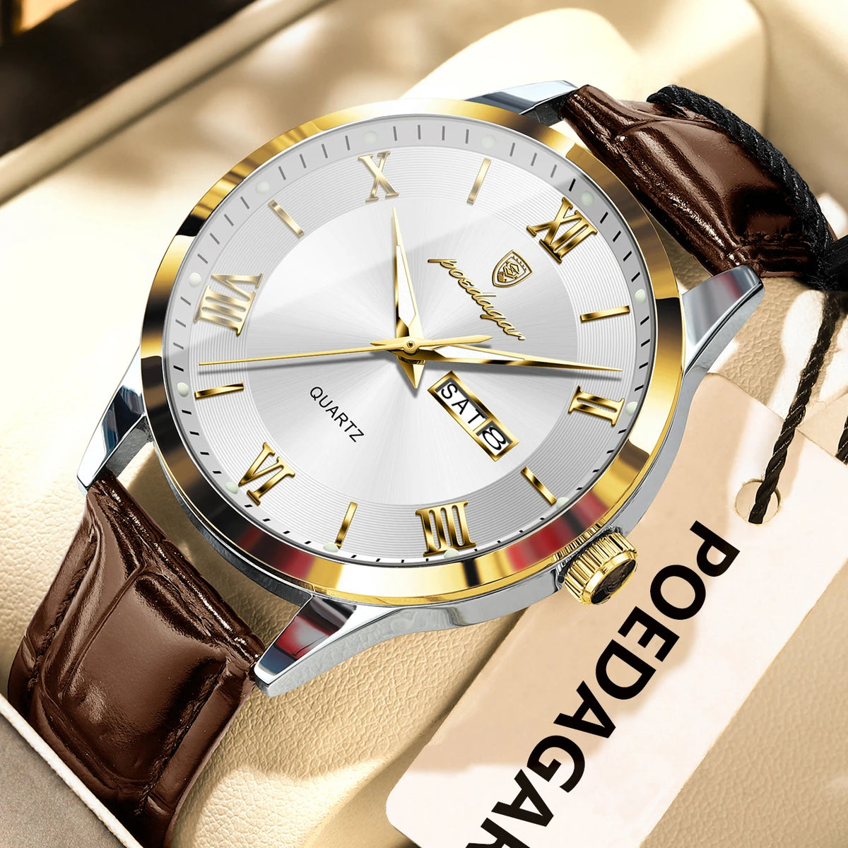 Montre homme tendance POEDAGAR, bracelet en cuir, date et semaine, montre à quartz de luxe, étanche, lumineuse, style business décontracté.