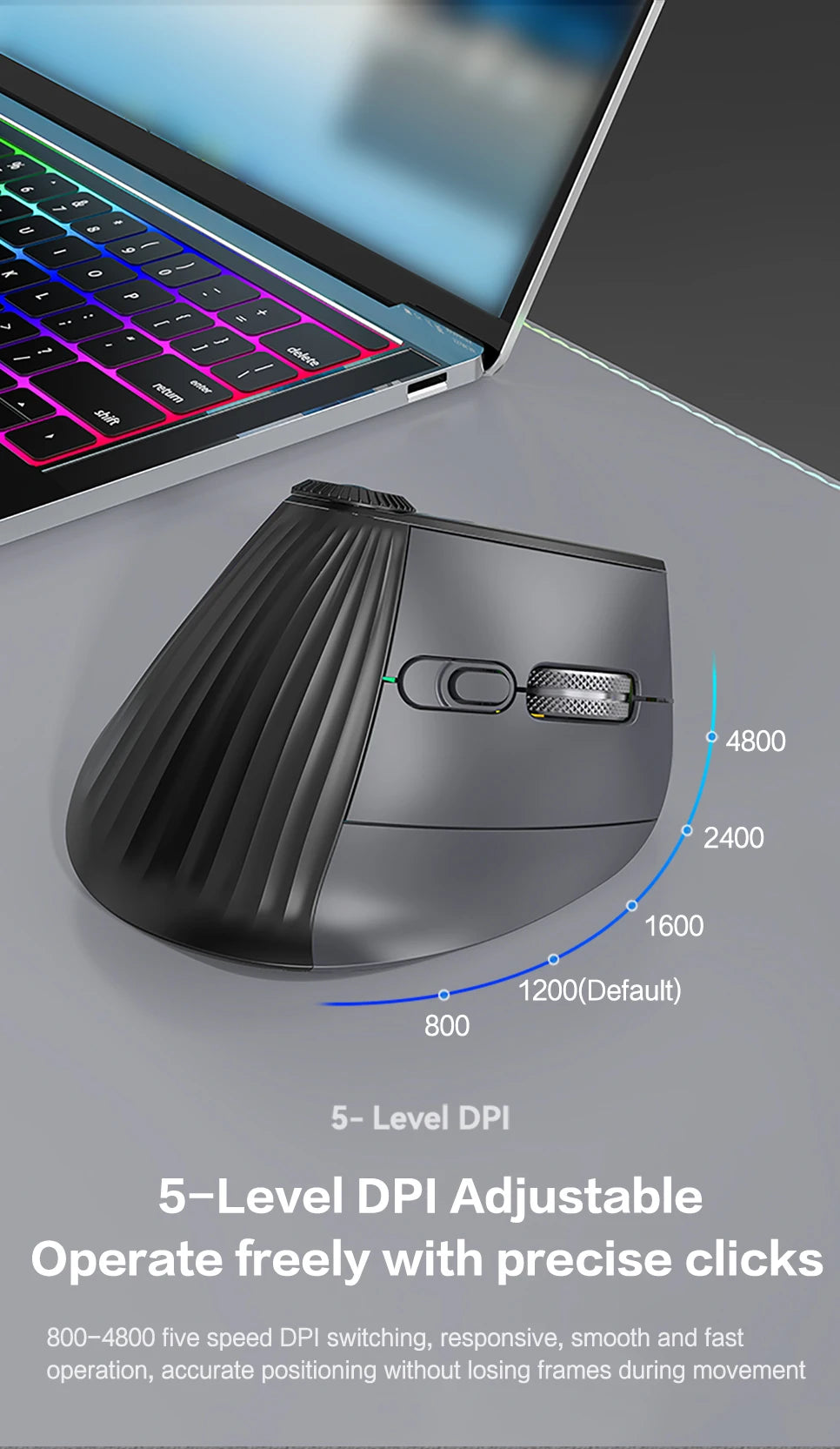 Jomaa RGB-verlichte Speed Roller draadloze verticale muis met functie-instelknop, Bluetooth USB, ergonomische muis, stille klik