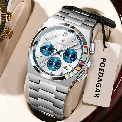 Pánské hodinky POEDAGAR – luxusní chronograf z nerezové oceli, s datem, vodotěsné a s luminiscenčními prvky – sportovní náramkové hodinky s quartzovým strojkem