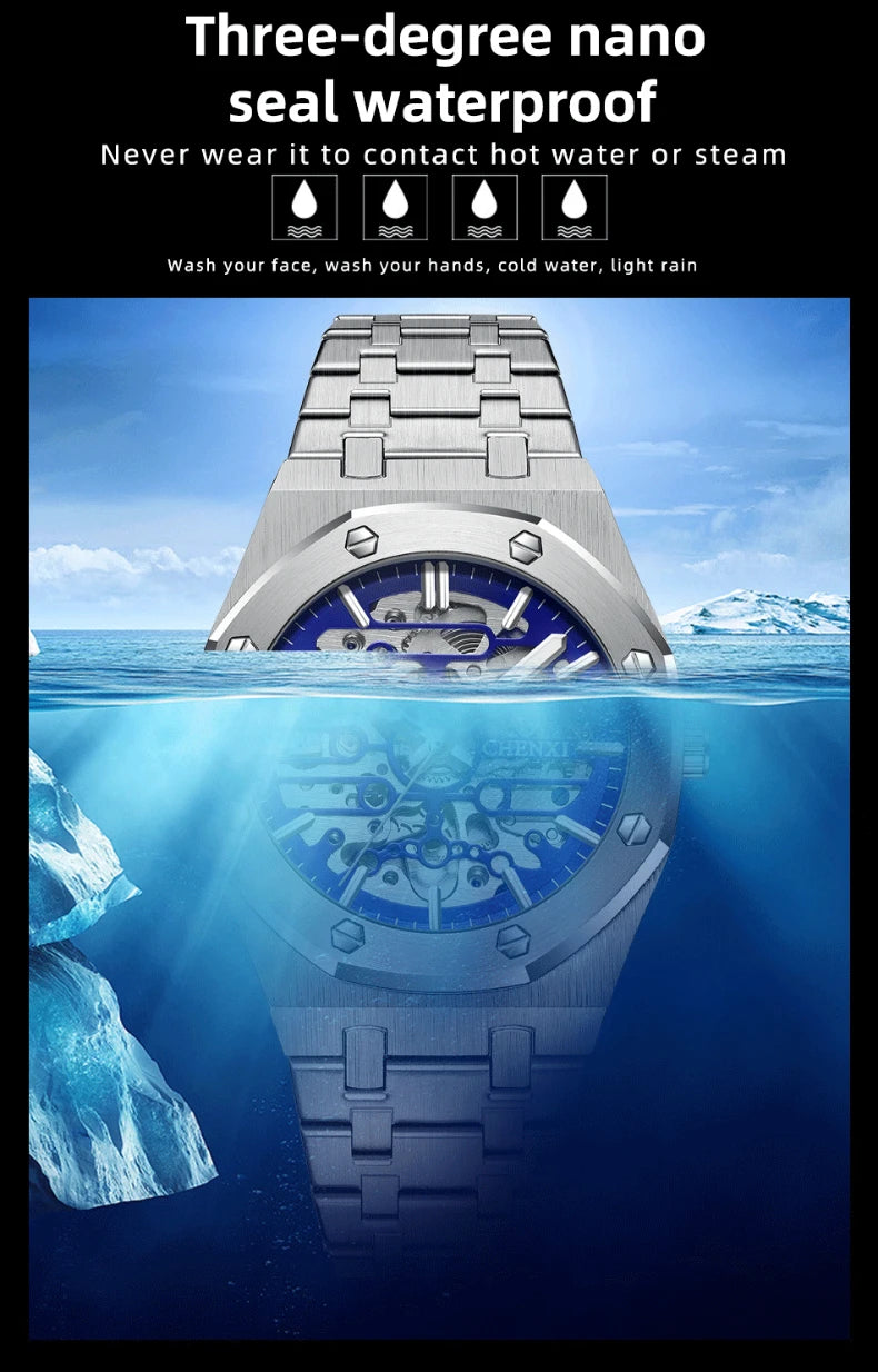 CHENXI Automatic Mens Watches Waterproof Business Stainless Steel Sport Mens Watches Top Brand Mechanical Tourbillon Wrist Watch