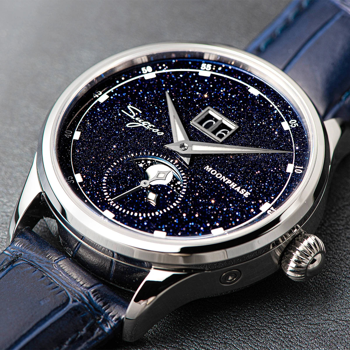 Sugess Moonphase Watch of Men 40mm Automatic Mechanical Wristwatches Seagul ST2528 Movement Stainless Steel Blue Sandstone Dial