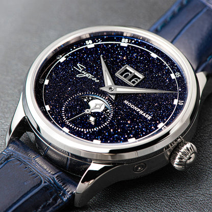 Sugess Moonphase Watch of Men 40mm Automatic Mechanical Wristwatches Seagul ST2528 Movement Stainless Steel Blue Sandstone Dial