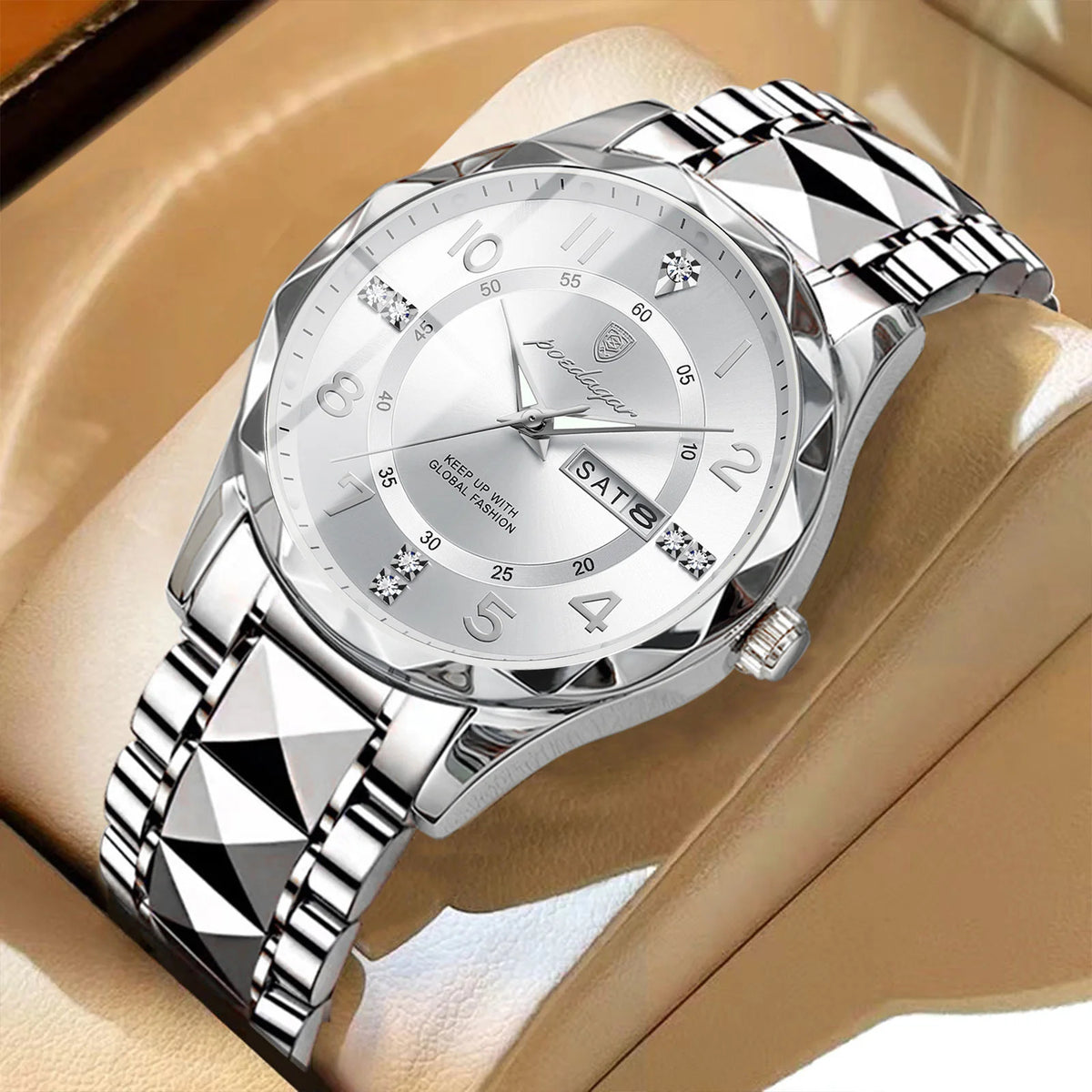 POEDAGAR Fashion Luxury herenhorloge, waterdicht, verlicht, quartz, roestvrijstalen band, datum en dag van de week, casual stijl.