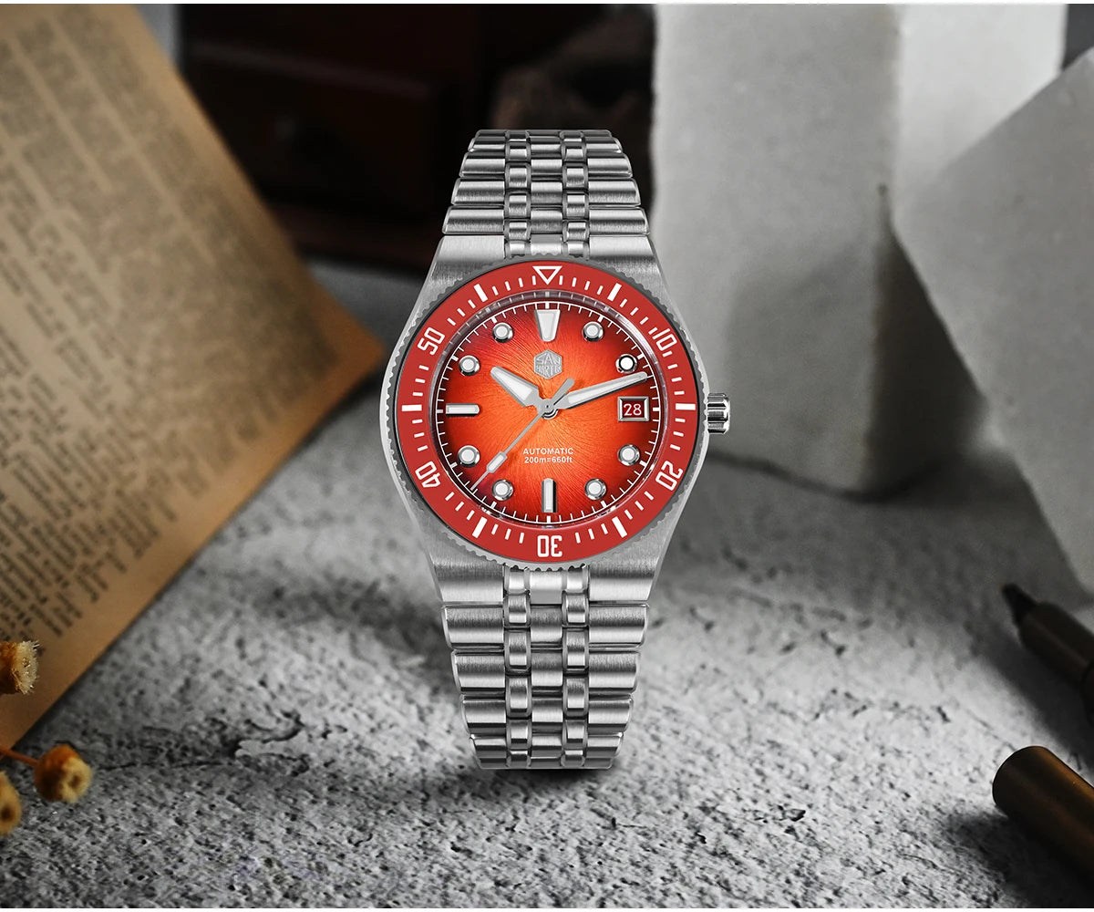Orologio subacqueo di lusso da uomo San Martin 40mm, Miyota 9015, quadrante smaltato sunburst, automatico meccanico, impermeabile 200m, SN0148