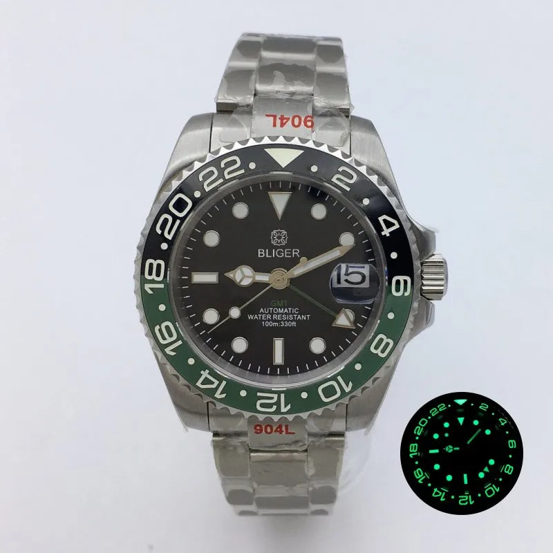 BLIGER 40mm NH34 GMT Watch For Men Mechanical Wristwatch Luminous Bezel Sapphire Glass Stainless Steel Bracelet Men's Watch