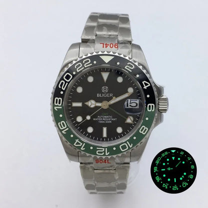 BLIGER 40mm NH34 GMT Watch For Men Mechanical Wristwatch Luminous Bezel Sapphire Glass Stainless Steel Bracelet Men's Watch