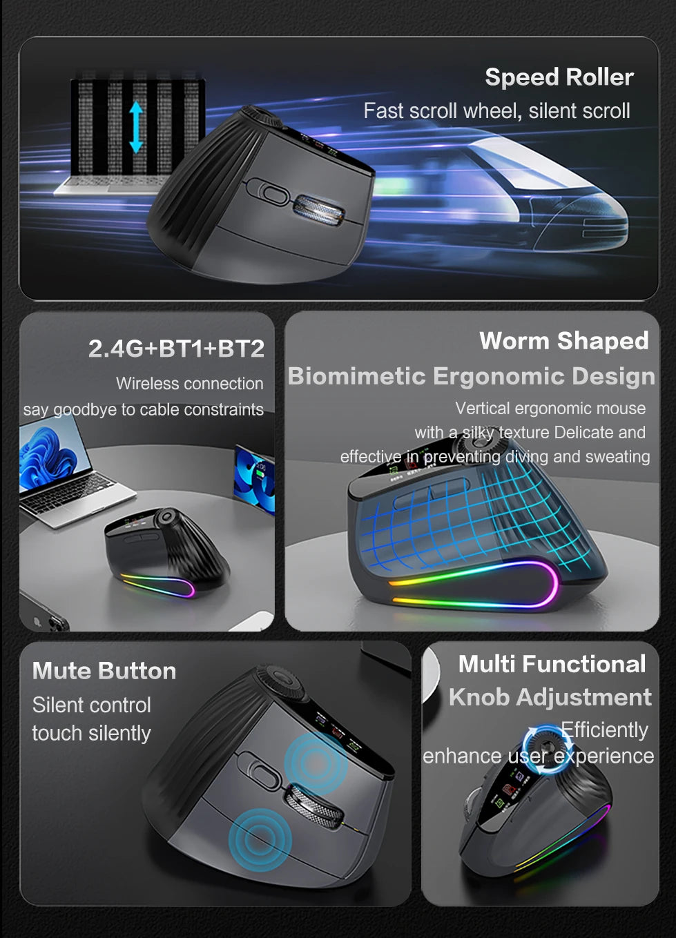 Jomaa RGB-verlichte Speed Roller draadloze verticale muis met functie-instelknop, Bluetooth USB, ergonomische muis, stille klik