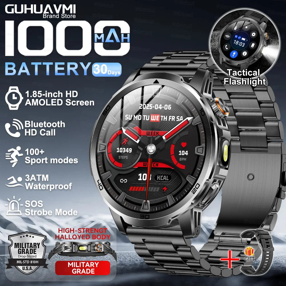 2026 New Military Outdoor Smart Watch 1.85‘’ AMOLED 1000mAh Large Battery 5ATM Waterproof Voice Call Sports Men Fitness Bracel