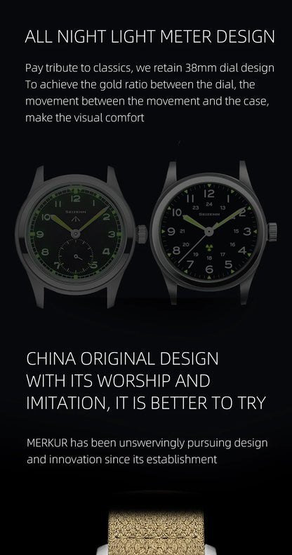 Classic Retro Arrow Pilot Watch Male Mens WWII 12 Mechanical Satch Manual Hand Wind Luminous Stain Steel Merkur 38mm Case