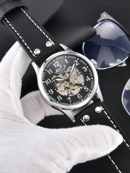 LONGLUX men automatic watch vintage pilot tough guy mechanical watches skeleton waterproof luminous leather gift