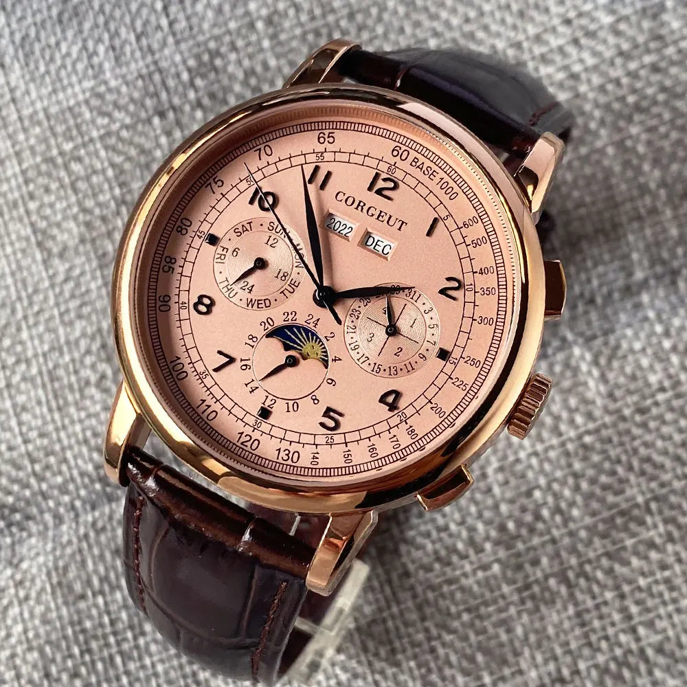Reloj automático para hombre con multifunción de fecha, día, mes y año, reloj mecánico masculino 316L, caja pulida, indicador día/noche, 42mm