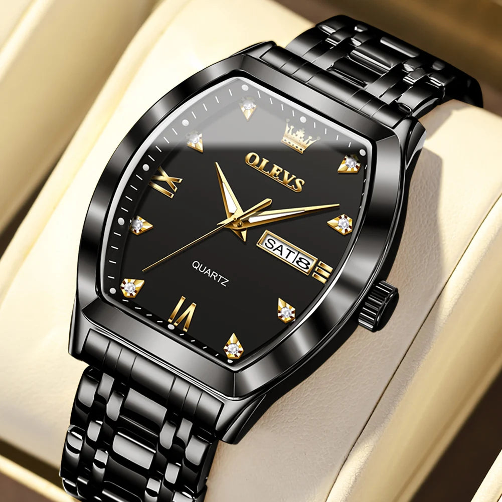 OLEVS Men's Watches Luxury Tonneau Original Top Brand Quartz Watch for Men Waterproof Luminous Week Date Male Wristwatch